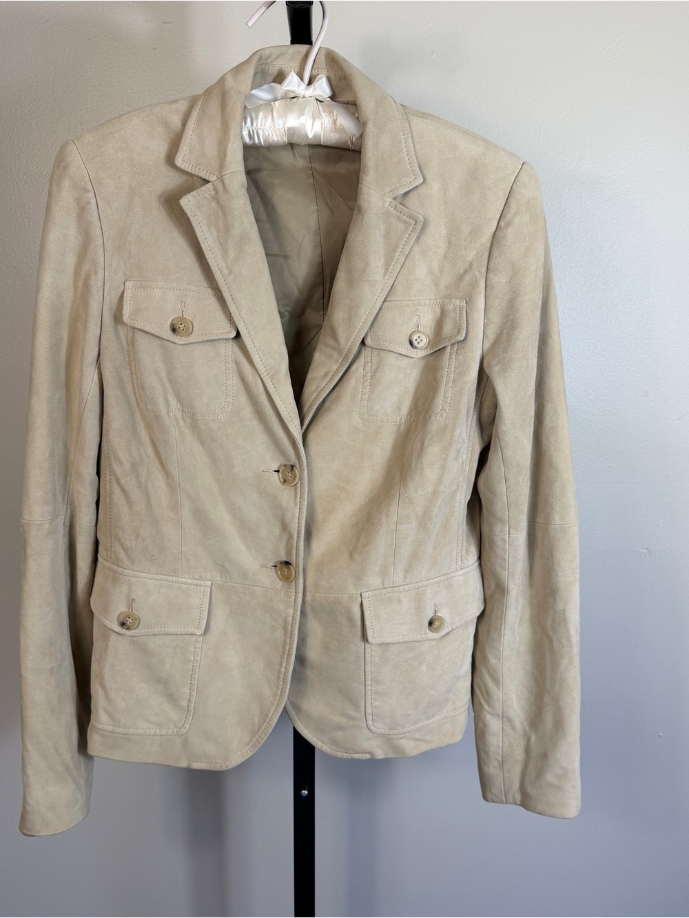 Theory Stanwyck Leather Suede 2 Button Beige Fitted Blazer Jacket 10